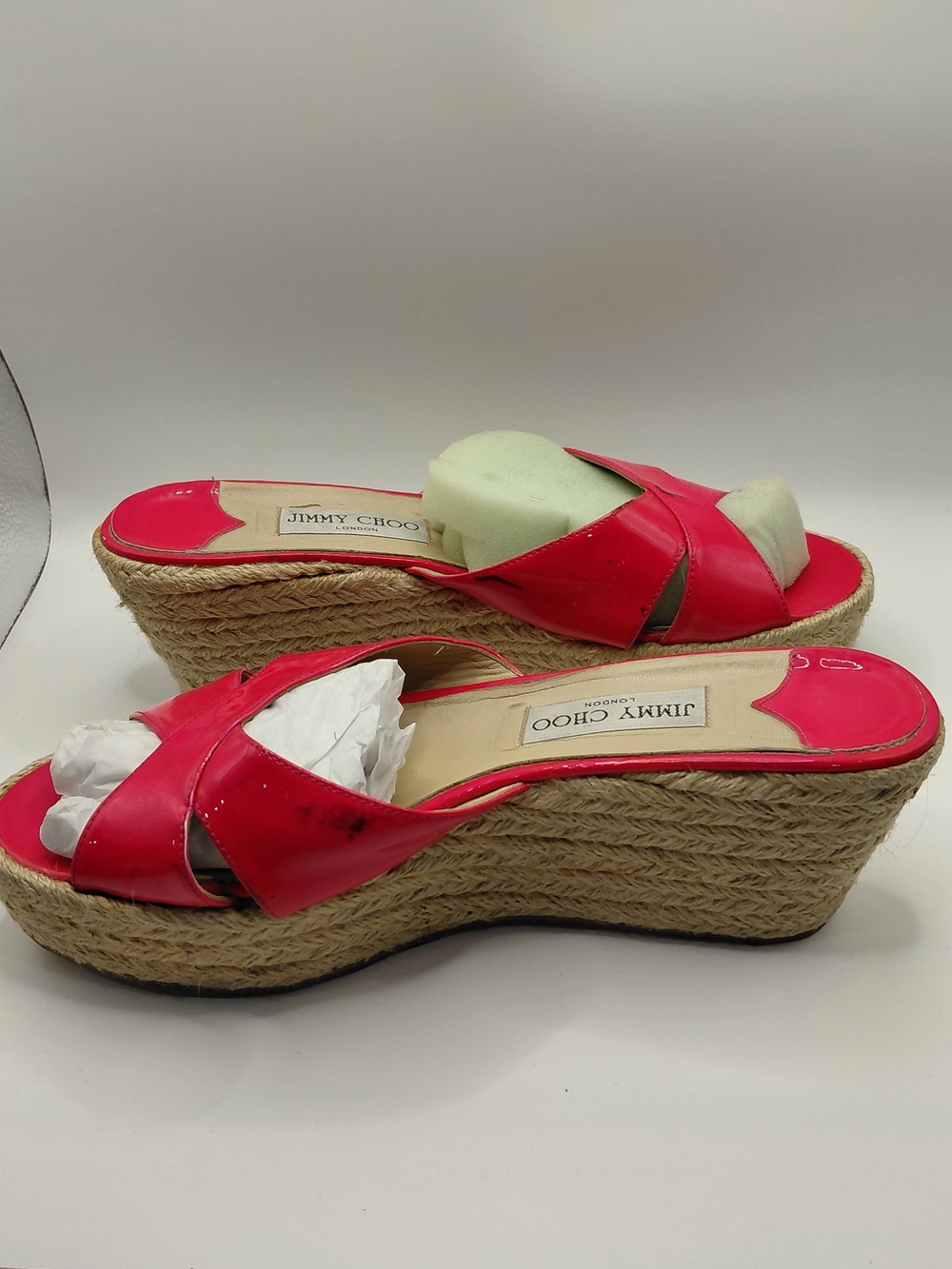 Jimmy Choo Pink Paisley/ Prima Patent Leather Espadrille Wedge Slide Sandals 41